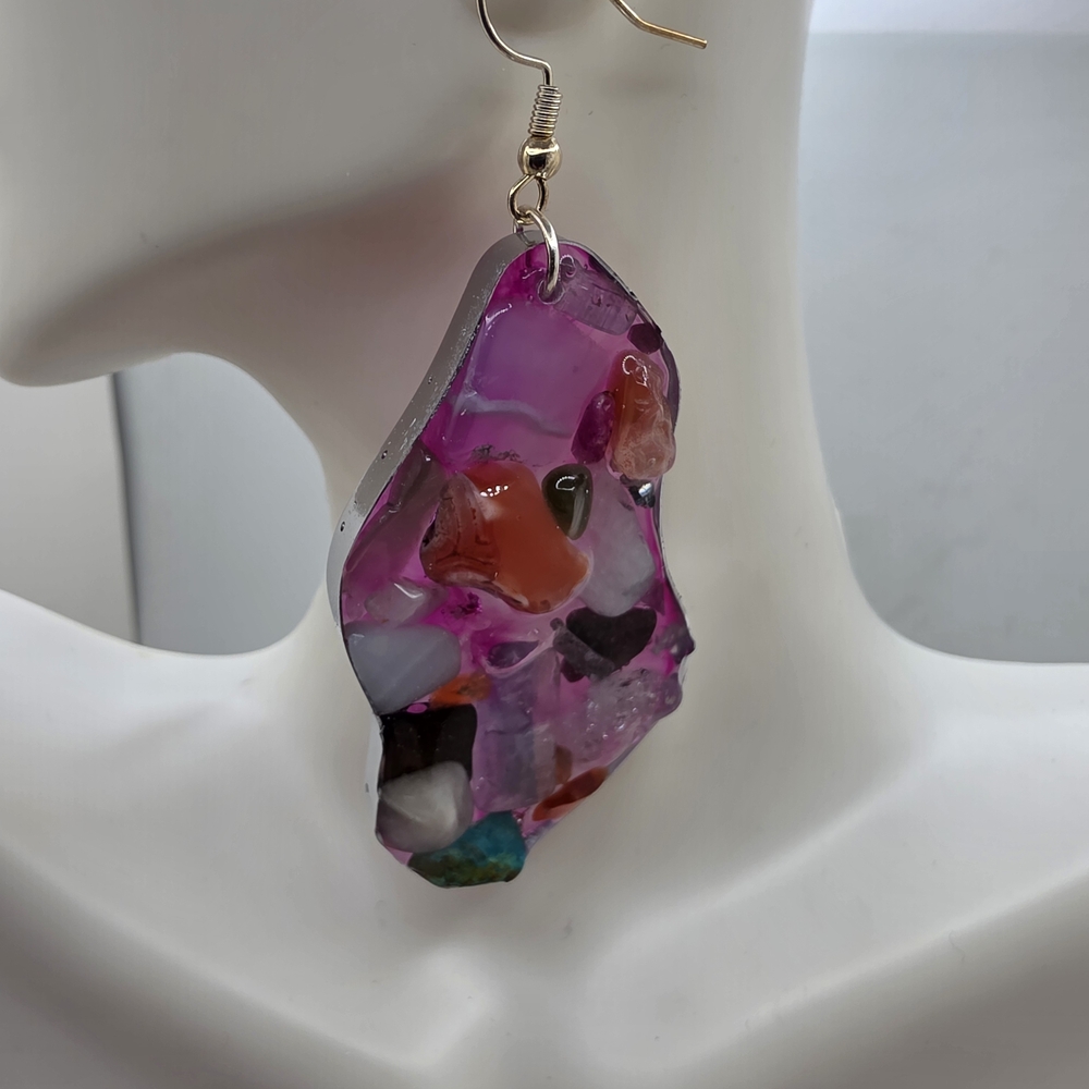 Pink Resin Drop Earrings with Multicolor Inlays
